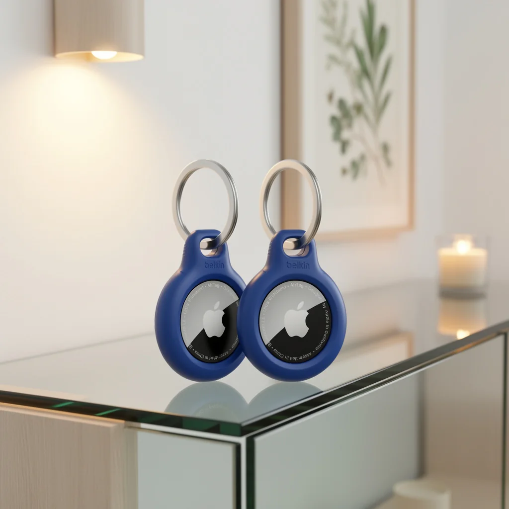 Belkin AirTag holder with twist-lock design and key ring attachment showing open-face construction with raised protective edges