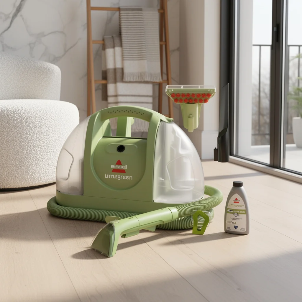 Green portable carpet and upholstery cleaner with attached hose and specialty cleaning tools for spot treatment and auto detailing