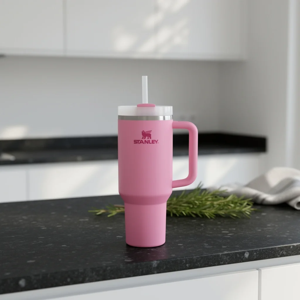 Stanley Quencher H2.0 stainless steel tumbler with ergonomic handle, rotating FlowState lid, and reusable straw in 40 ounce capacity