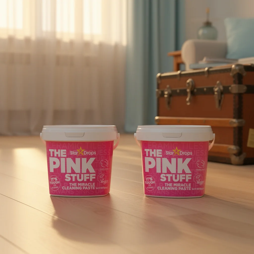 Pink-colored cleaning paste in 850g tub for removing dirt, grime and stains from saucepans, taps, ceramic tiles, UPVC and glass